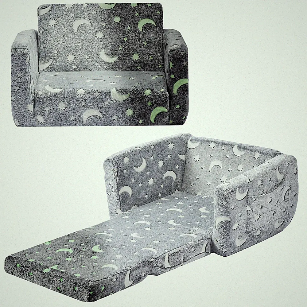 2in1 Foldable Kids Sofa GlowinDark, 28D Sponge, Convertible Lounger Grey