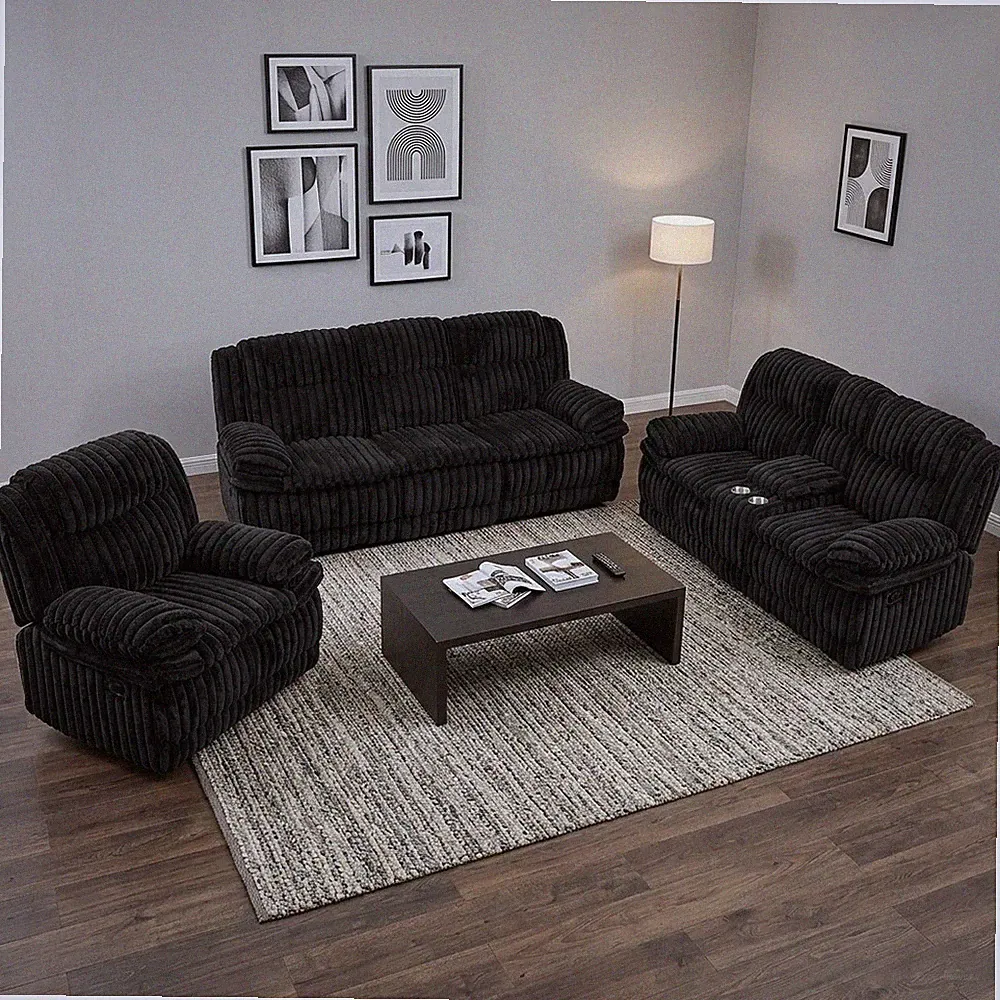 3PC Black Corduroy Manual Recliners Glider Sofa Set with Storage and Cupholder