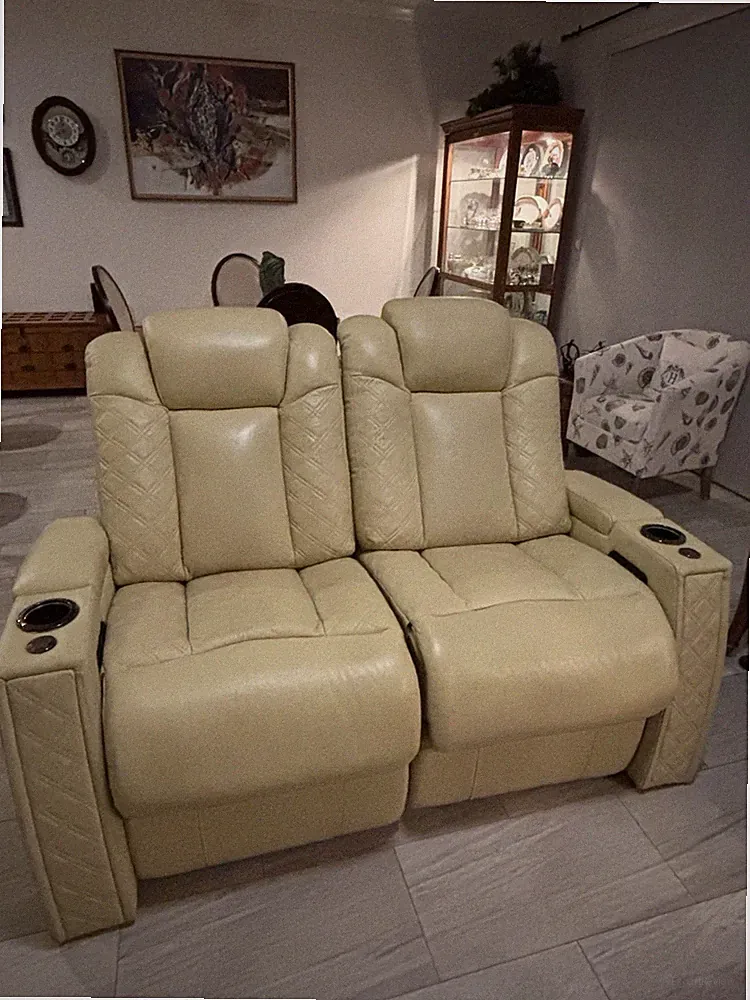 Beige Leather Recliner Sofa & Armchair Set with LED, Cup Holders, Tray