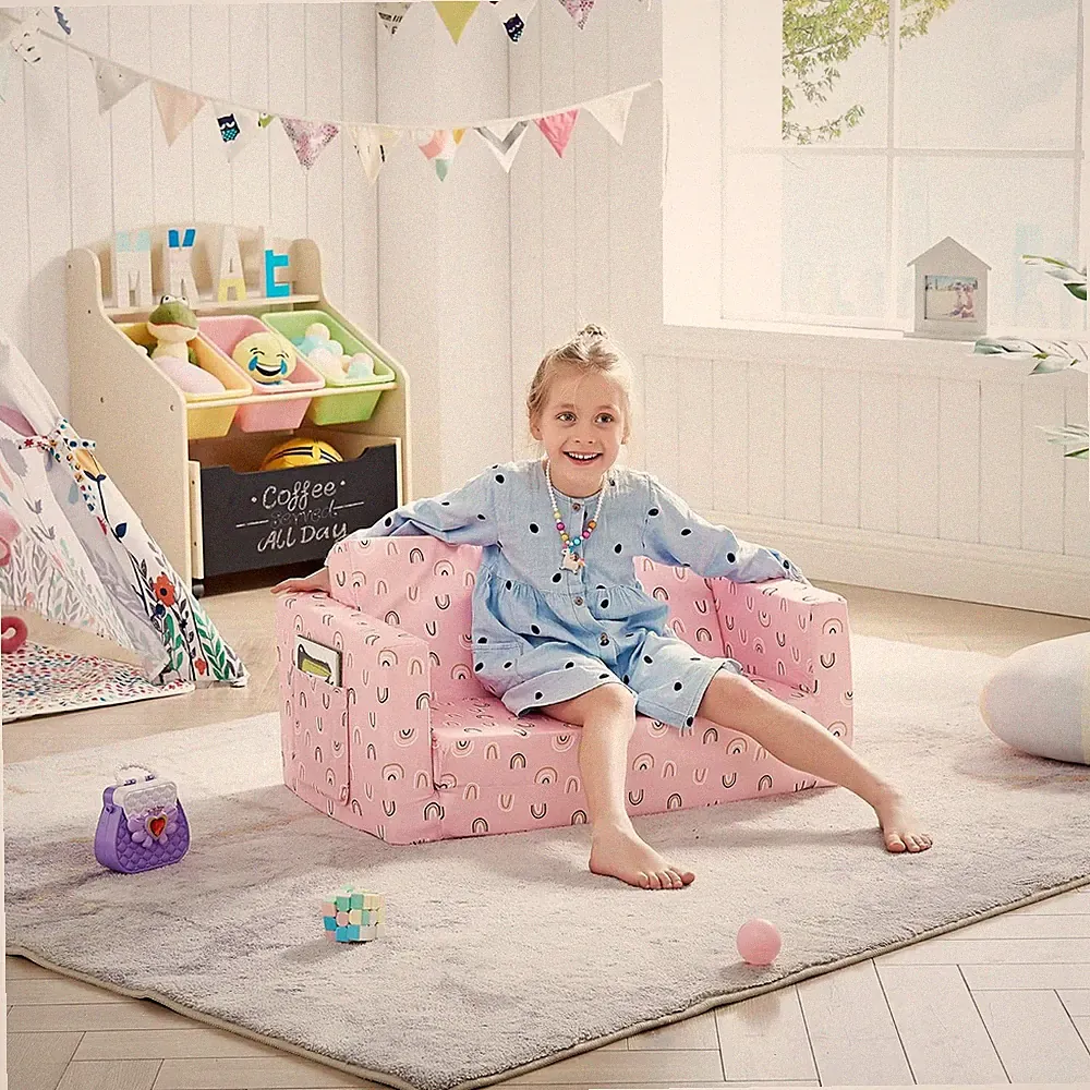 Kids Fold Out Couch 2-In-1 Children Convertible Sofa to Lounger with Soft Plush
