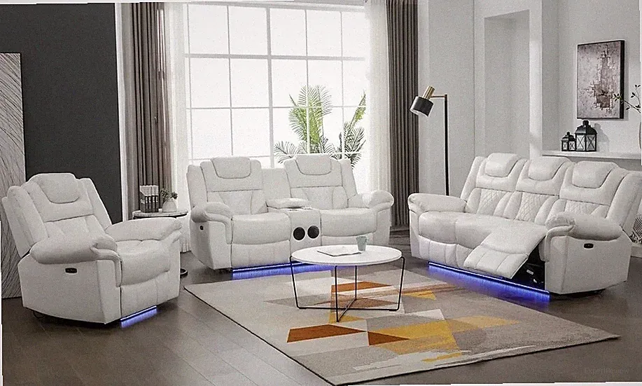NEW 3PC LED Power Recliner Sofa Loveseat Chair Set White Leather & BT Speaker