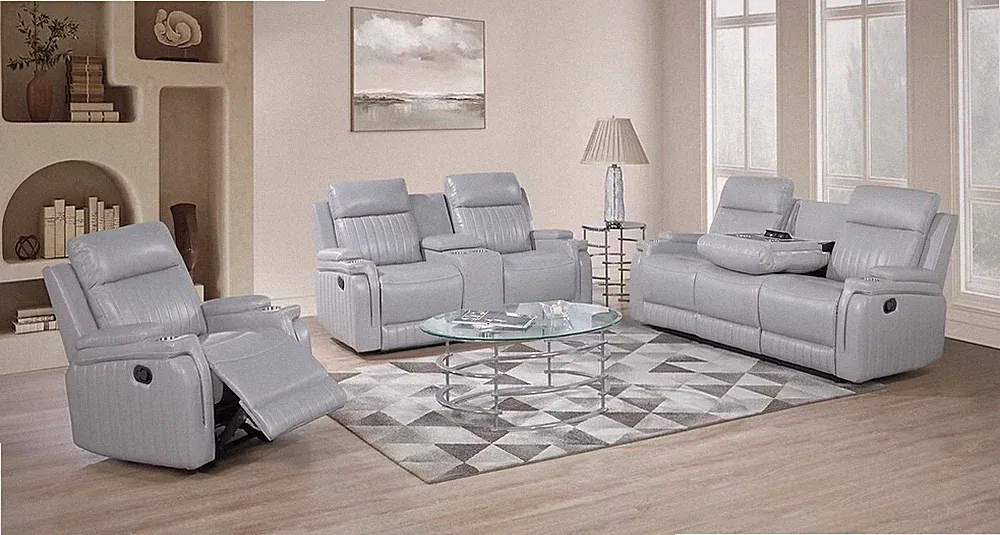 NEW 3PC Light Gray 5-Recliner Sofa Loveseat Chair Leather Modern Living Room Set