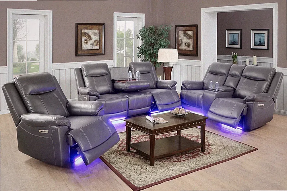 NEW 3PC Power 5-Seater Recline Gray Leather Sofa Living Room Set w/ LED Lighting