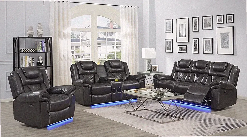 NEW LED 3PC Sofa Power Recliner Set Gray Leather Bluetooth Speaker & USB Ports